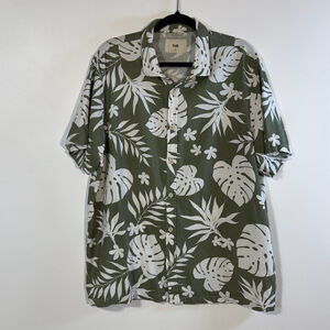 Folk Leaf Print Casual Button Down Shirt Men’s Size XL Green White Short Sleeve